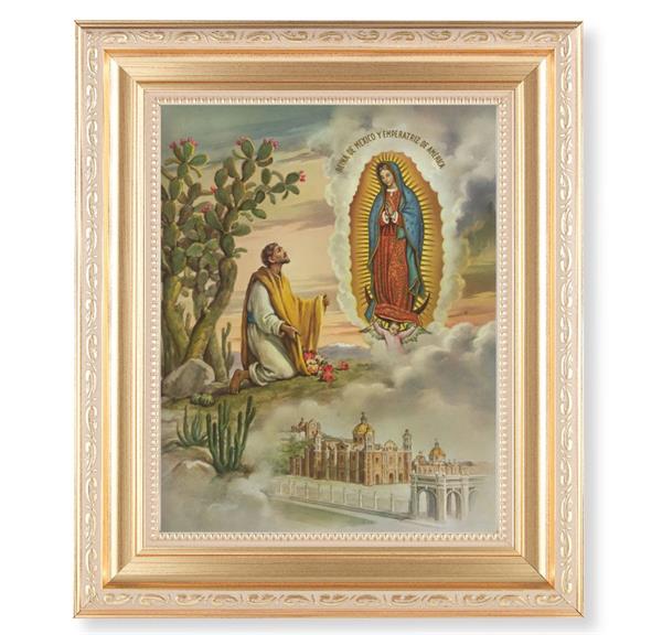 Juan Diego with OL Guadalupe, 11.5"x13.5" Satin Gold Frame, Distressed Finish with Scrollwork, Italian Print Under Glass # 26435