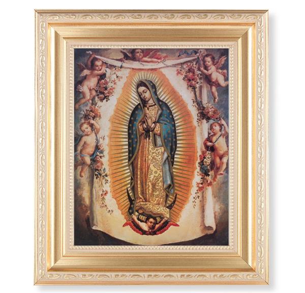Our Lady of Guadalupe with Angels, 11.5"x13.5" Satin Gold Frame, Distressed Finish with Scrollwork, Italian Print Under Glass # 26436