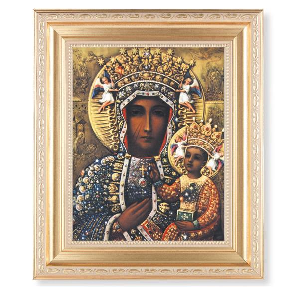 Our Lady of Czestochowa, 11.5"x13.5" Satin Gold Frame, Distressed Finish with Scrollwork, Italian Print Under Glass # 26437