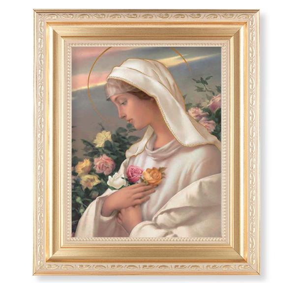Mystical Rose, 11.5"x13.5" Satin Gold Frame, Distressed Finish with Scrollwork, Italian Print Under Glass # 26438