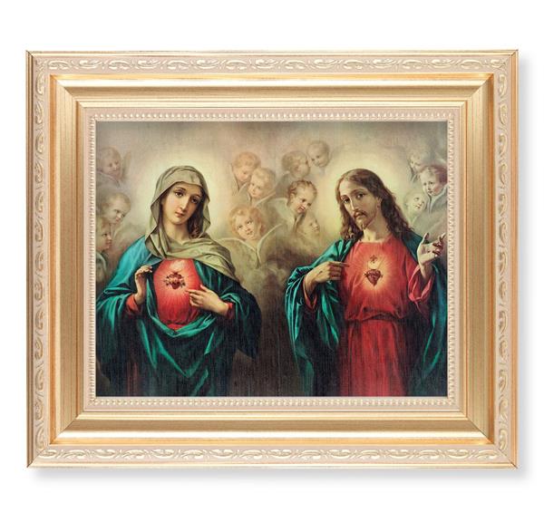 The Sacred Hearts, 11.5"x13.5" Satin Gold Frame, Distressed Finish with Scrollwork, Italian Print Under Glass # 26439