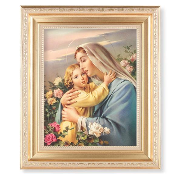 Madonna and Child, 11.5"x13.5" Satin Gold Frame, Distressed Finish with Scrollwork, Italian Print Under Glass # 26440