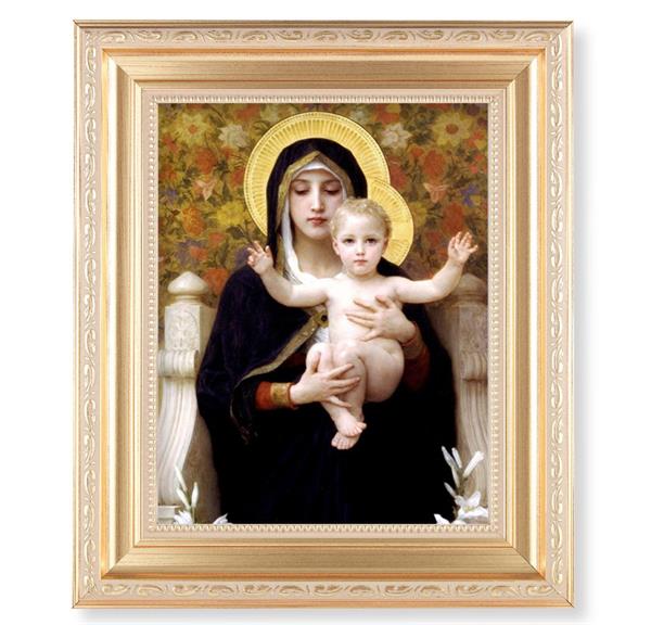 Bouguereau: Madonna of The Lilies, 11.5"x13.5" Satin Gold Frame, Distressed Finish with Scrollwork, Italian Print Under Glass # 26441