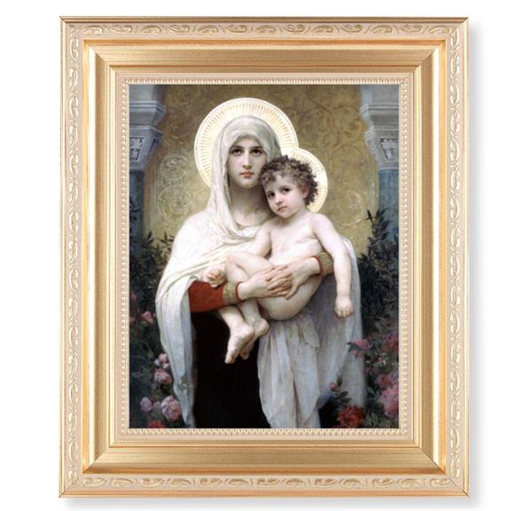 Bouguereau: Madonna and Child, 11.5"x13.5" Satin Gold Frame, Distressed Finish with Scrollwork, Italian Print Under Glass # 26442