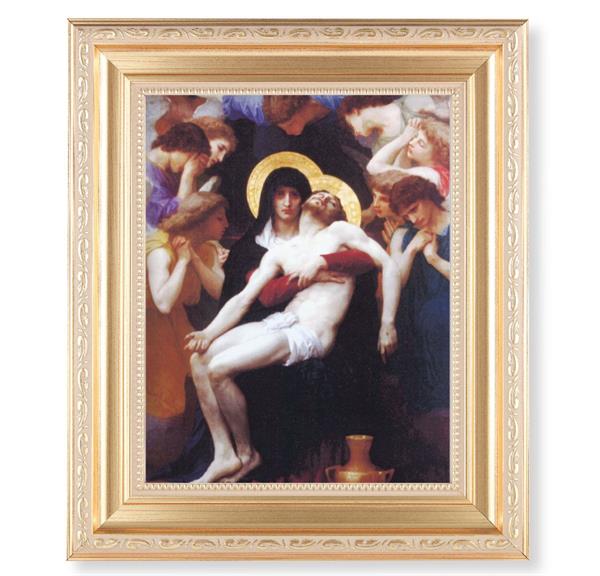 Bouguereau: Pieta, 11.5"x13.5" Satin Gold Frame, Distressed Finish with Scrollwork, Italian Print Under Glass # 26444