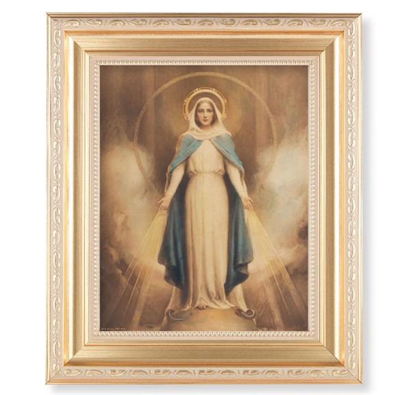 Chambers: Miraculous Mary, 11.5"x13.5" Satin Gold Frame, Distressed Finish with Scrollwork, Italian Print Under Glass # 26445