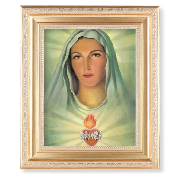 Immaculate Heart of Mary, 11.5"x13.5" Satin Gold Frame, Distressed Finish with Scrollwork, Italian Print Under Glass # 26446