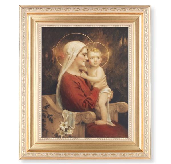 Chambers: Madonna and Child, 11.5"x13.5" Satin Gold Frame, Distressed Finish with Scrollwork, Italian Print Under Glass # 26447