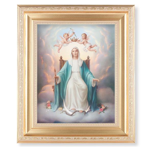 Queen of Heaven, 11.5"x13.5" Satin Gold Frame, Distressed Finish with Scrollwork, Italian Print Under Glass # 26448