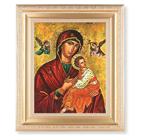 Our Lady of Passion, 11.5"x13.5" Satin Gold Frame, Distressed Finish with Scrollwork, Italian Print Under Glass # 26449