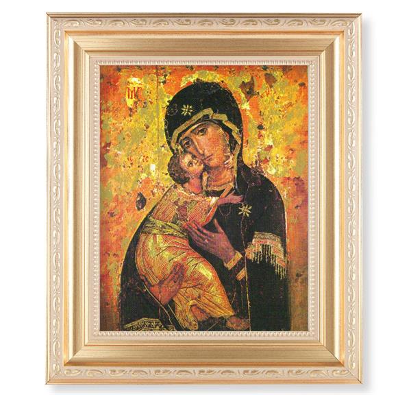 Our Lady of Vladimir, 11.5"x13.5" Satin Gold Frame, Distressed Finish with Scrollwork, Italian Print Under Glass # 26450