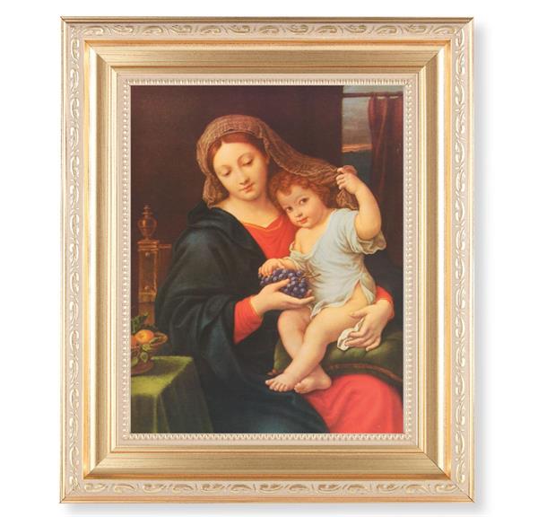Mignard: Madonna of The Grapes, 11.5"x13.5" Satin Gold Frame, Distressed Finish with Scrollwork, Italian Print Under Glass # 26453