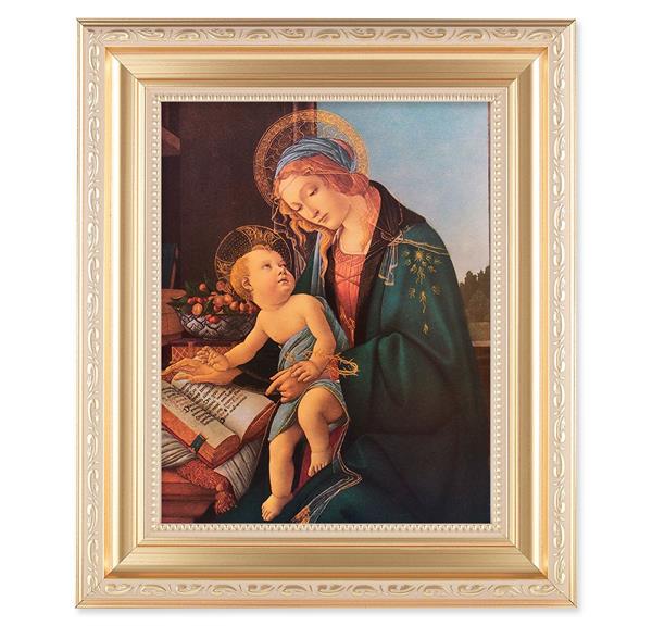Botticelli: Madonna & Child, 11.5"x13.5" Satin Gold Frame, Distressed Finish with Scrollwork, Italian Print Under Glass # 26454