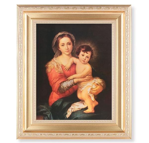 Murillo Madonna and Child, 11.5"x13.5" Satin Gold Frame, Distressed Finish with Scrollwork, Italian Print Under Glass # 26455
