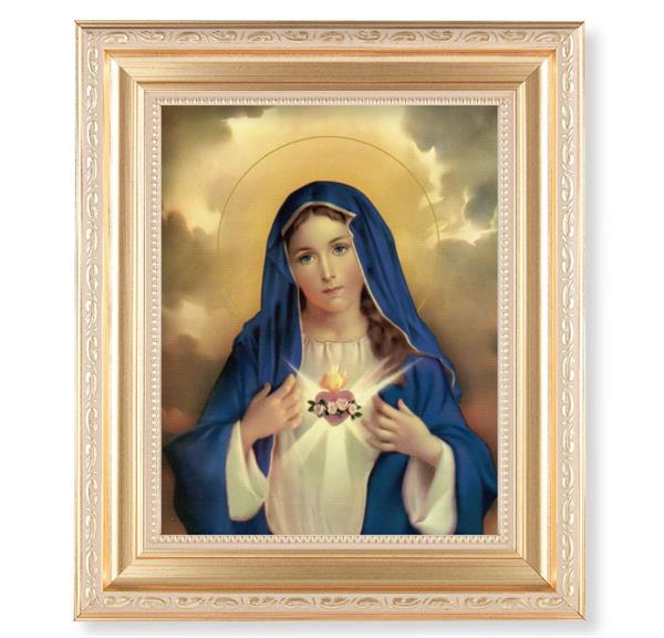 Immaculate Heart of Mary, 11.5"x13.5" Satin Gold Frame, Distressed Finish with Scrollwork, Italian Print Under Glass # 26456