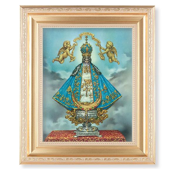 Virgen de San Juan, 11.5"x13.5" Satin Gold Frame, Distressed Finish with Scrollwork, Italian Print Under Glass # 26457