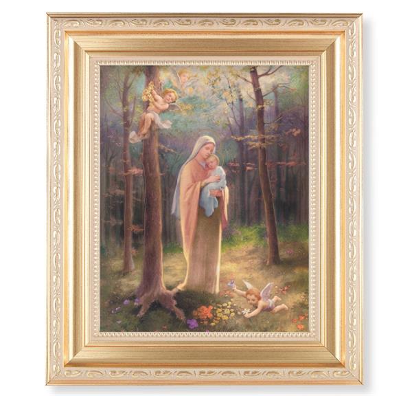 Madonna of The Woods, 11.5"x13.5" Satin Gold Frame, Distressed Finish with Scrollwork, Italian Print Under Glass # 26458