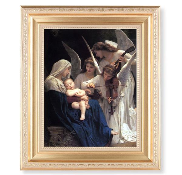 Bouguereau: Heavenly Melody, 11.5"x13.5" Satin Gold Frame, Distressed Finish with Scrollwork, Italian Print Under Glass # 26459