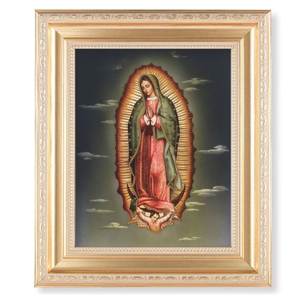 Our Lady of Guadalupe, 11.5"x13.5" Satin Gold Frame, Distressed Finish with Scrollwork, Italian Print Under Glass # 26460