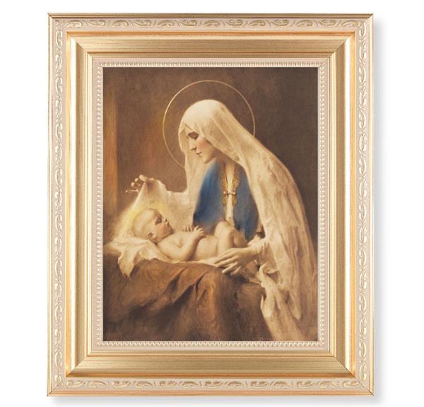 Chambers Madonna and Child, 11.5"x13.5" Satin Gold Frame, Distressed Finish with Scrollwork, Italian Print Under Glass # 26461