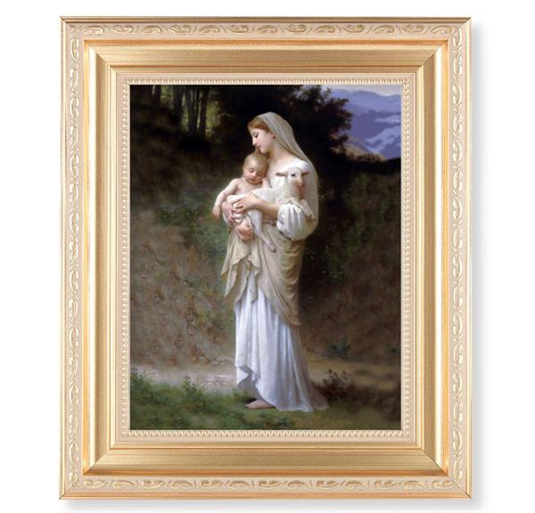 Bouguereau Divine Innocence, 11.5"x13.5" Satin Gold Frame, Distressed Finish with Scrollwork, Italian Print Under Glass # 26462