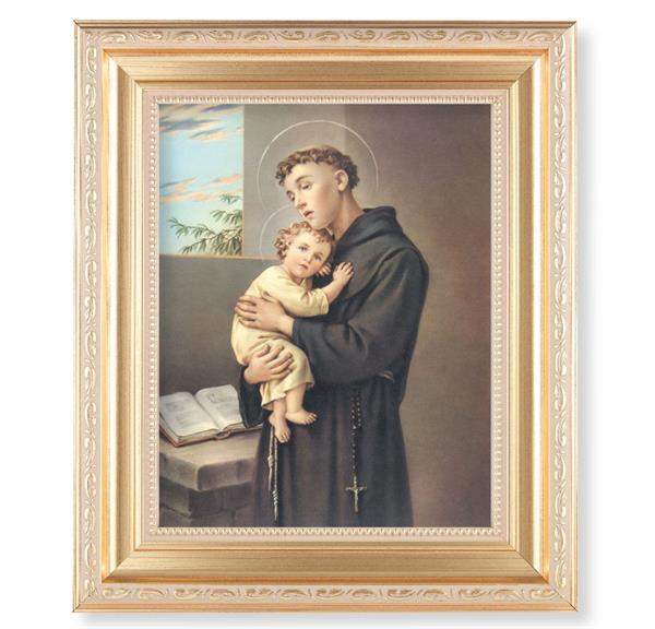 St. Anthony of Padua, 11.5"x13.5" Satin Gold Frame, Distressed Finish with Scrollwork, Italian Print Under Glass # 26463