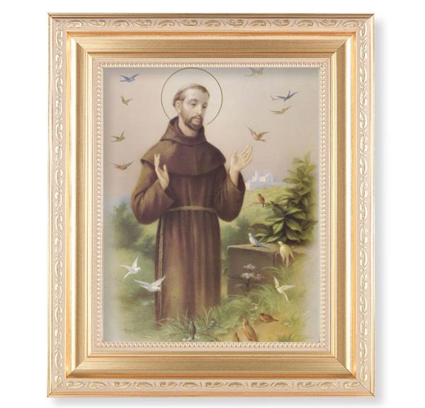 St. Francis of Assisi, 11.5"x13.5" Satin Gold Frame, Distressed Finish with Scrollwork, Italian Print Under Glass # 26464