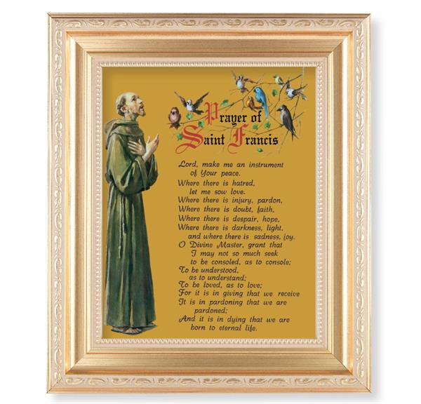 Prayer of St. Francis, 11.5"x13.5" Satin Gold Frame, Distressed Finish with Scrollwork, Italian Print Under Glass # 26465