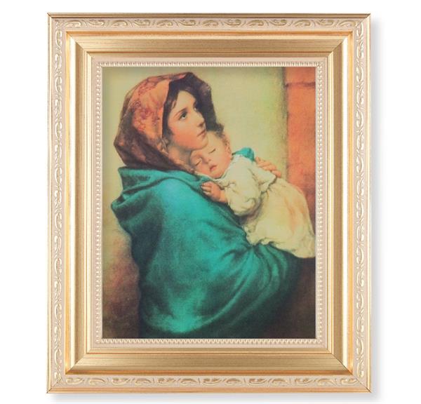 Madonna of The Streets, 11.5"x13.5" Satin Gold Frame, Distressed Finish with Scrollwork, Italian Print Under Glass # 26466