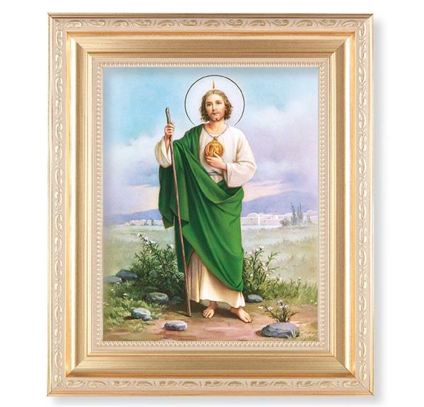St. Jude, 11.5"x13.5" Satin Gold Frame, Distressed Finish with Scrollwork, Italian Print Under Glass # 26467