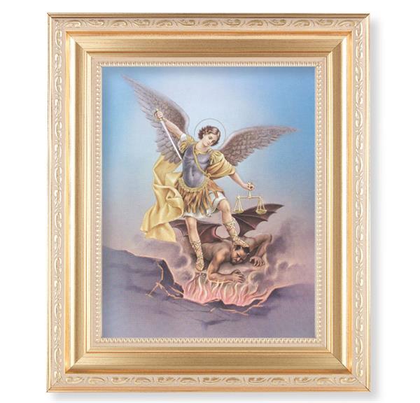 St. Michael, 11.5"x13.5" Satin Gold Frame, Distressed Finish with Scrollwork, Italian Print Under Glass # 26468