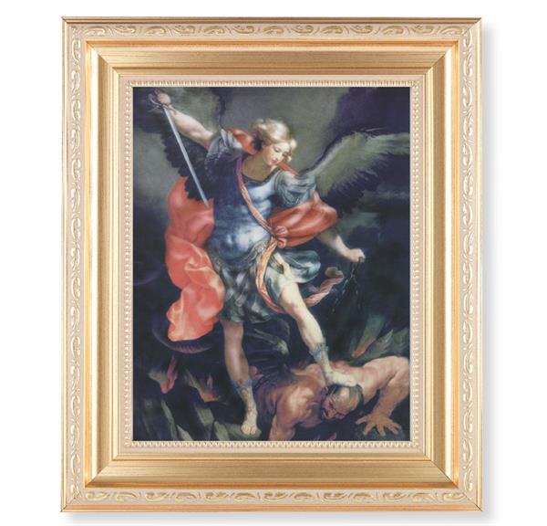 St. Michael, 11.5"x13.5" Satin Gold Frame, Distressed Finish with Scrollwork, Italian Print Under Glass # 26469