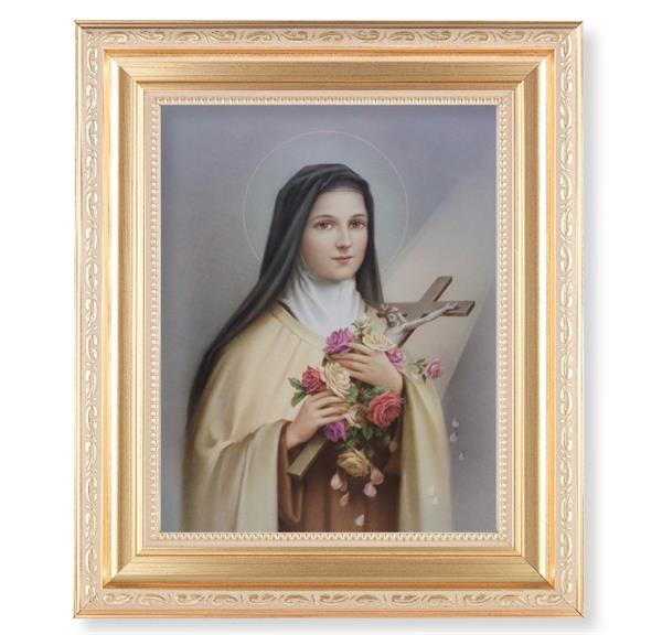St. Therese of Lisieux, 11.5"x13.5" Satin Gold Frame, Distressed Finish with Scrollwork, Italian Print Under Glass # 26470