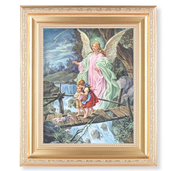 Guardian Angel with Children, 11.5"x13.5" Satin Gold Frame, Distressed Finish with Scrollwork, Italian Print Under Glass # 26471