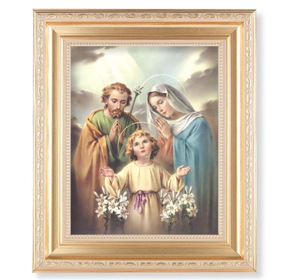 Holy Family, 11.5"x13.5" Satin Gold Frame, Distressed Finish with Scrollwork, Italian Print Under Glass # 26473