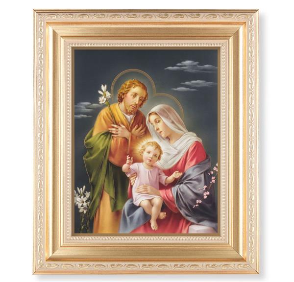 Holy Family, 11.5"x13.5" Satin Gold Frame, Distressed Finish with Scrollwork, Italian Print Under Glass # 26474