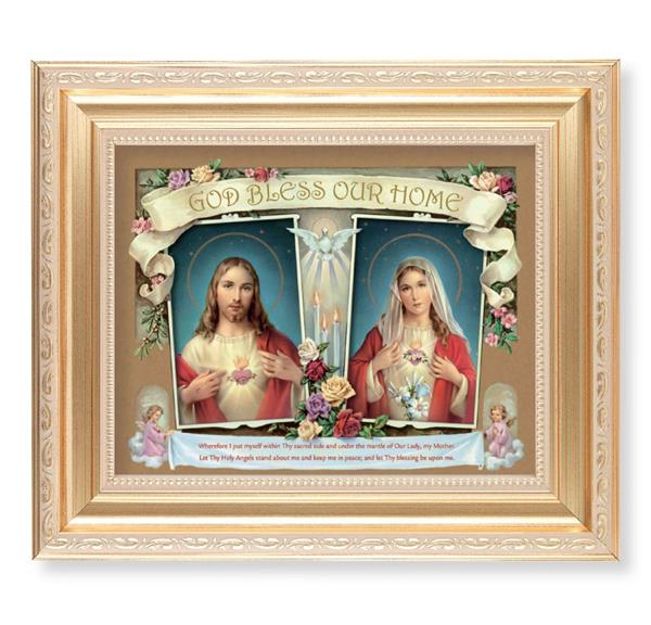 God Bless Our Home, 11.5"x13.5" Satin Gold Frame, Distressed Finish with Scrollwork, Italian Print Under Glass # 26479