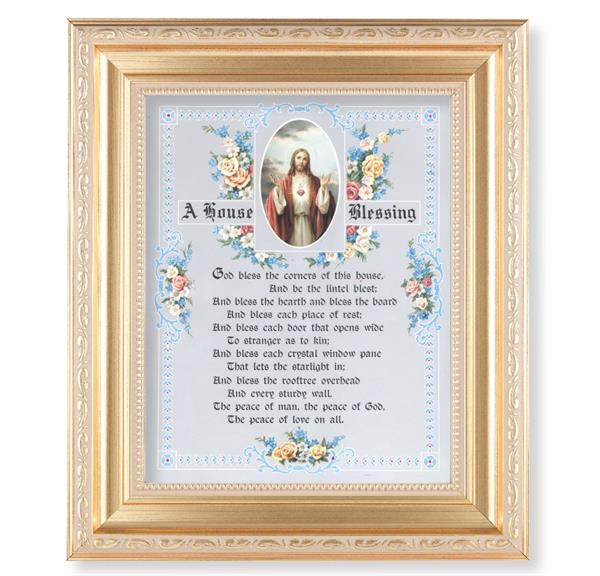 A House Blessing, 11.5"x13.5" Satin Gold Frame, Distressed Finish with Scrollwork, Italian Print Under Glass # 26480