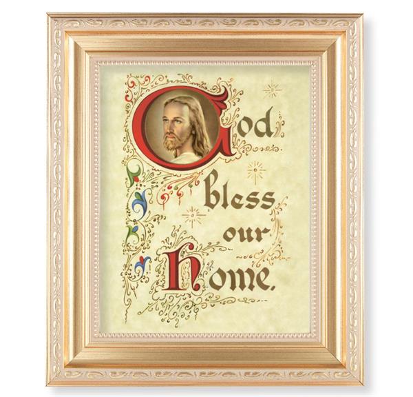 God Bless Our Home, 11.5"x13.5" Satin Gold Frame, Distressed Finish with Scrollwork, Italian Print Under Glass # 26481
