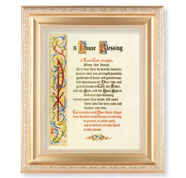 A House Blessing, 11.5"x13.5" Satin Gold Frame, Distressed Finish with Scrollwork, Italian Print Under Glass # 26483