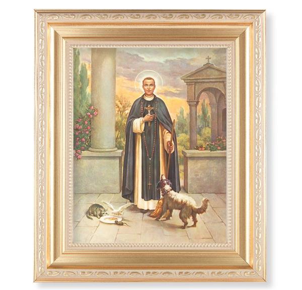 St. Martin DePorres, 11.5"x13.5" Satin Gold Frame, Distressed Finish with Scrollwork, Italian Print Under Glass # 26484