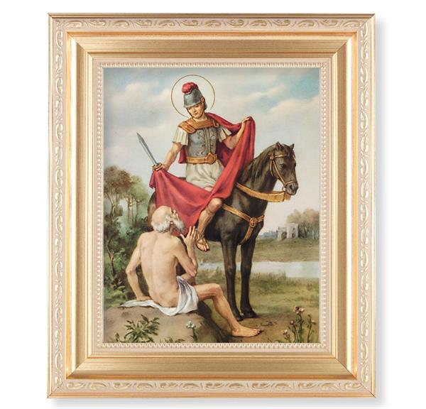 St. Martin of Tours, 11.5"x13.5" Satin Gold Frame, Distressed Finish with Scrollwork, Italian Print Under Glass # 26485