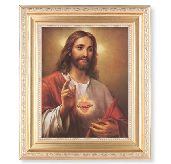 La Fuente: Sacred Heart of Jesus, 11.5"x13.5" Satin Gold Frame, Distressed Finish with Scrollwork, Italian Print Under Glass # 26486