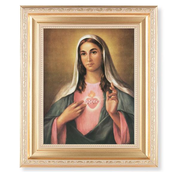 La Fuente: Immaculate Heart of Mary, 11.5"x13.5" Satin Gold Frame, Distressed Finish with Scrollwork, Italian Print Under Glass # 26487