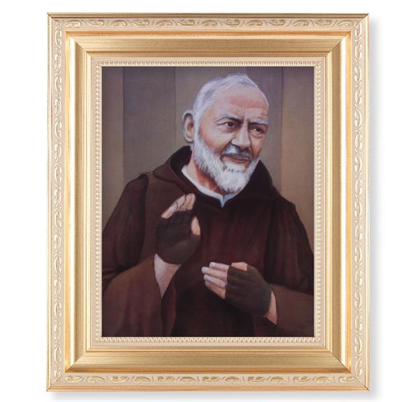 St. Padre Pio, 11.5"x13.5" Satin Gold Frame, Distressed Finish with Scrollwork, Italian Print Under Glass # 26488