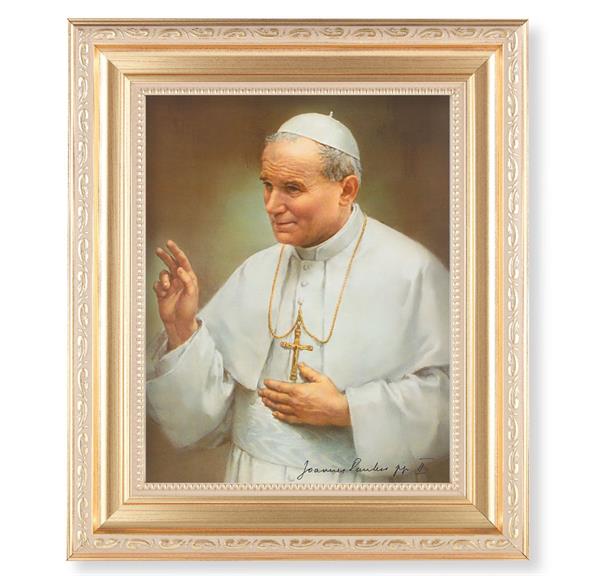 St. John Paul II, 11.5"x13.5" Satin Gold Frame, Distressed Finish with Scrollwork, Italian Print Under Glass # 26489
