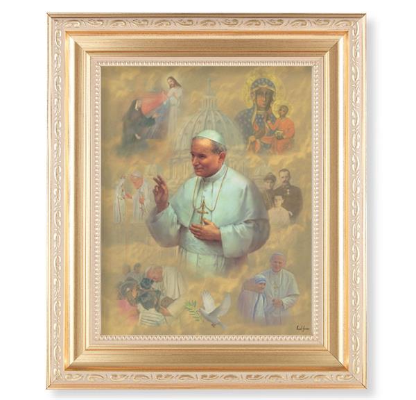 St. John Paul II Collage, 11.5"x13.5" Satin Gold Frame, Distressed Finish with Scrollwork, Italian Print Under Glass # 26490