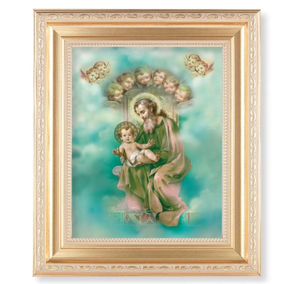 St. Joseph and Child Enthroned, 11.5"x13.5" Satin Gold Frame, Distressed Finish with Scrollwork, Italian Print Under Glass # 26494