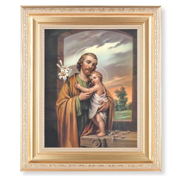 St. Joseph & Child, 11.5"x13.5" Satin Gold Frame, Distressed Finish with Scrollwork, Italian Print Under Glass # 26495