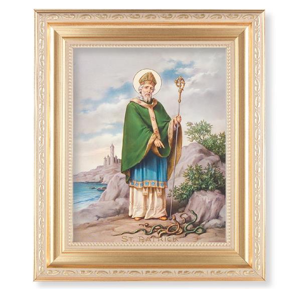St. Patrick, 11.5"x13.5" Satin Gold Frame, Distressed Finish with Scrollwork, Italian Print Under Glass # 26496